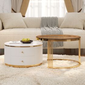 Modern 2 Pieces Round Nesting Coffee Table with Drawers and Brown Tempered Glass Top in 27.6''