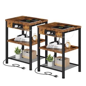 15.7-inch small side table with charging device, coffee table with socket and USB interface, three-layer adjustable storage bedside cabinet (Color: brown/2p)