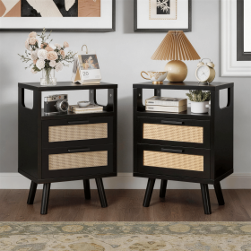 Modern Storage Bedside Table with Golden Metal Handles, Wooden End Table for Bedroom, Set of 2 with 2 Drawers, 15.4" (Color: Black)